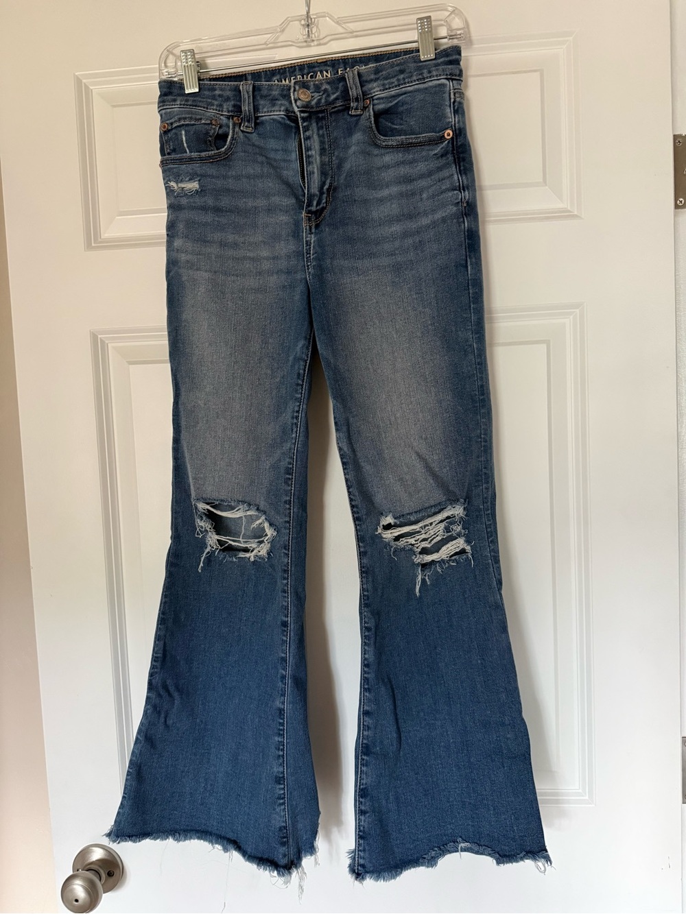 American Eagle Outfitters Distressed Mid-Rise Flare Jeans - Blue